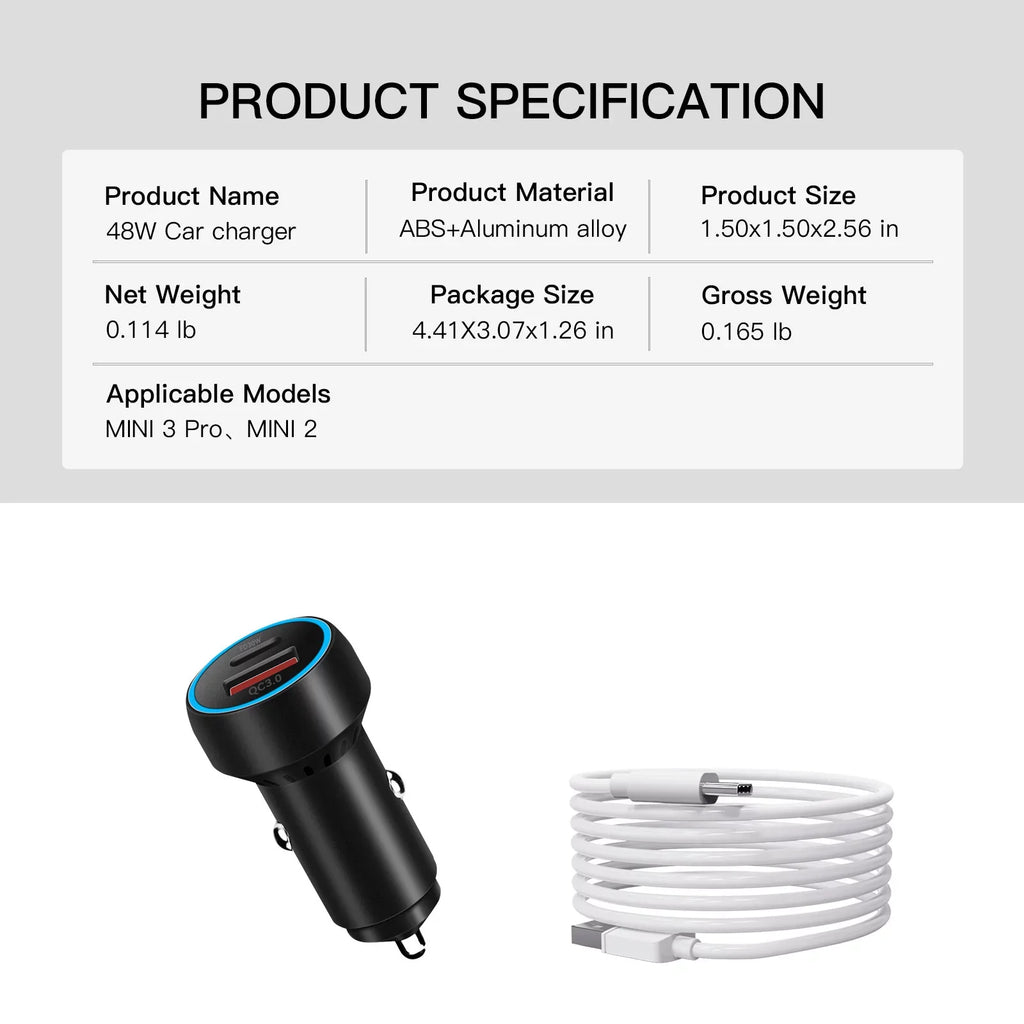 Super Fast -C Charging Adapter QC3.0  Car Charger for  Mini 2/Mini 3 Pro