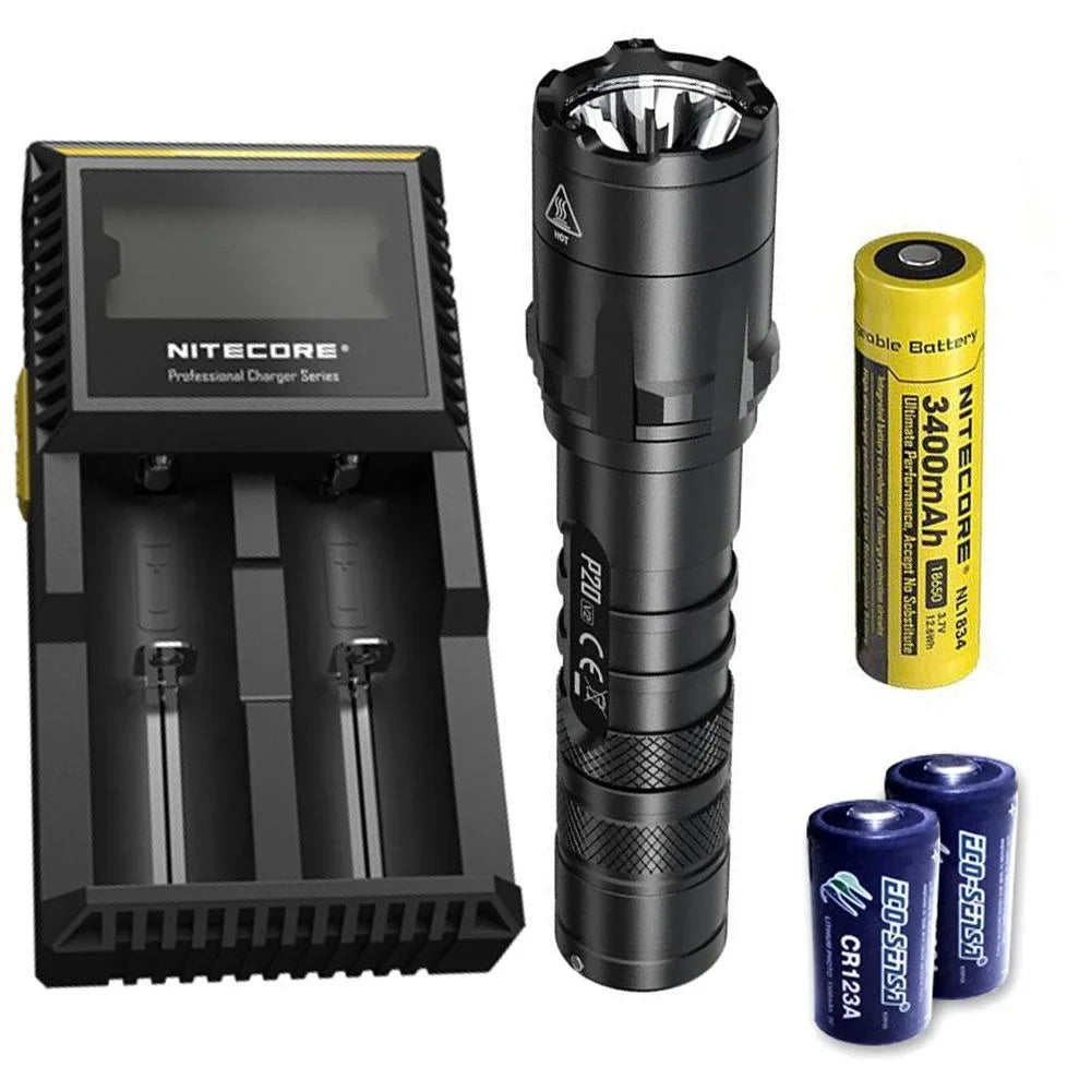 Combo: Nitecore P20 V2 Tactical  Flashlight -  -L2 V6 - 1100 Lumens w/NL189 Battery, D2 Charger +2x Free Eco-Sensa CR123A Batteries