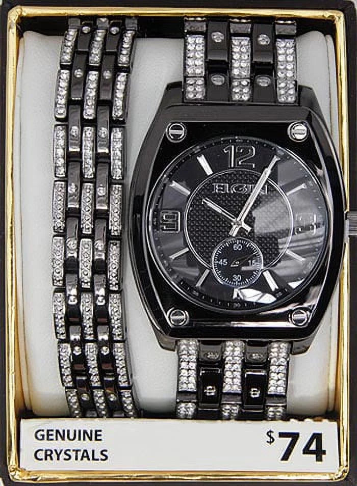 Elgin Adult Male Crystal Accented Ionic Watch and Matching Bracelet, Black (FG9752ST)