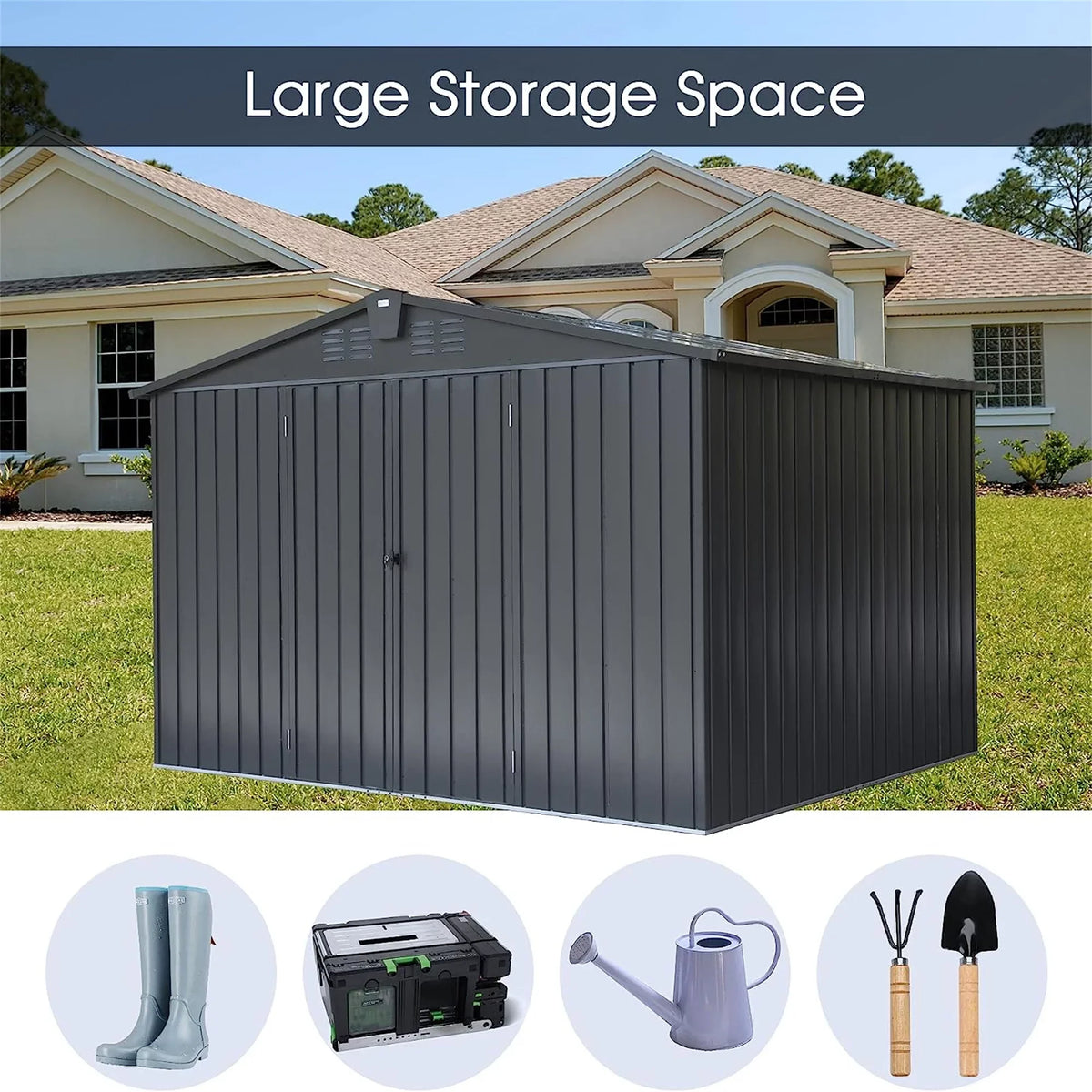 CoSoTower Outdoor Storage Shed 10'X 8', Metal Garden Shed for Bike, Trash Can, Tools, Galvanized Steel Outdoor Storage Cabinet with Lockable Door for Backyard, Patio, Lawn (10X8ft, Black)