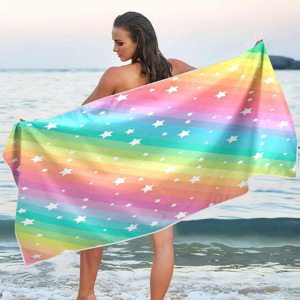 Bestwell Rainbow Star Beach Towel Oversized Towel Blanket, Thin Lightweight Microfiber Sand Free Quick Dry Towel, 30”X60” Multipurpose Pool Bath Yoga Swim Shower Towel