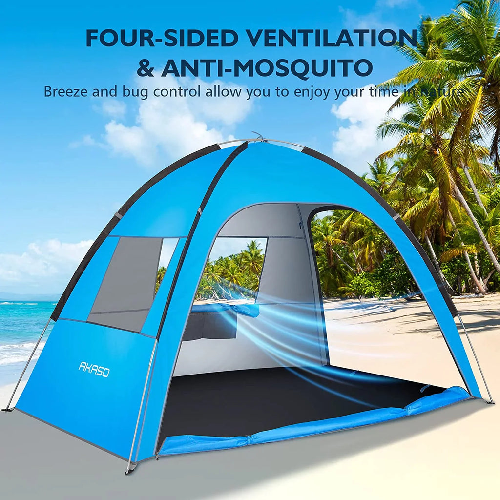 Beach Tent for 3-4 Person,  50+ Assemble 7.4' x 4.7' Beach Tent, Blue