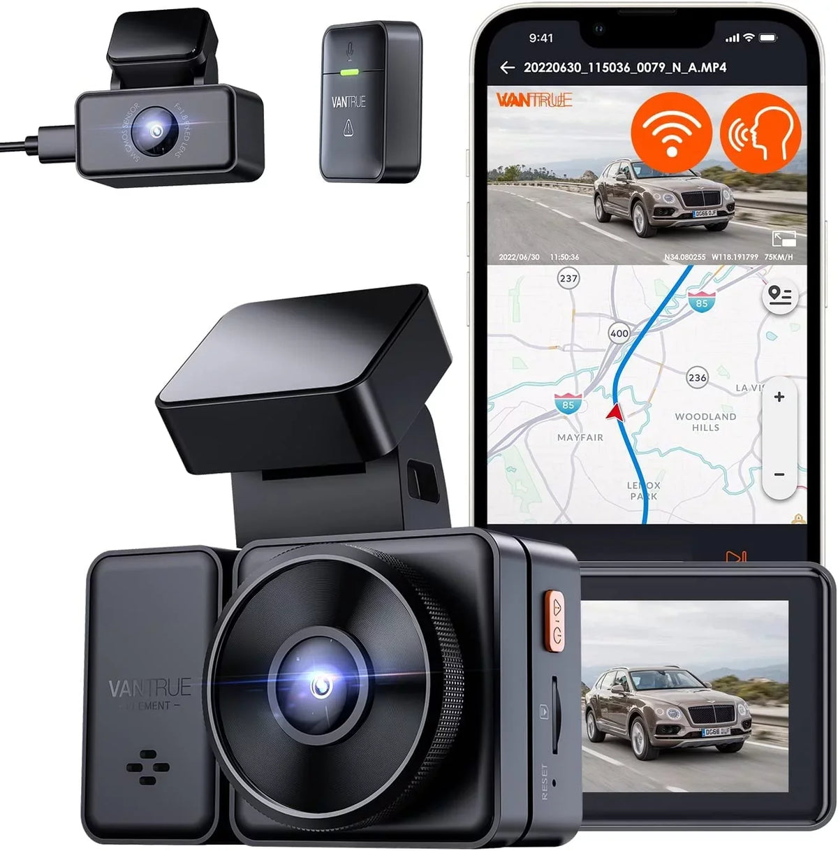 Vantrue E2 Dual 2.5K Front and Rear Dash Cam with 5G WiFi,  & Voice Control, 1944P+1944P Car Camera, 24hrs Buffered Parking Mode, Enhanced Night Vision, Motion Detection, Capacitor, Support 512GB