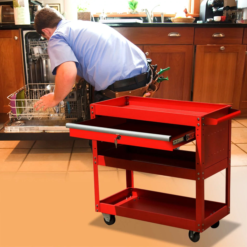 Odaof 3 Tier Rolling Tool Cart,Tool Chest and Tool Organizer with Wheels and Drawer,330 lbs Capacity Utility Cart for Garage Warehouse(Red)