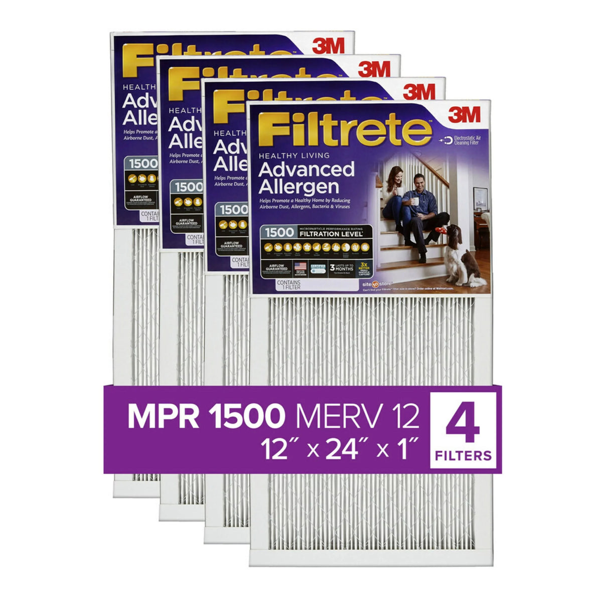 Filtrete 12x24x1 Air Filter,  1500  12, Advanced Allergen Reduction, 4 Filters