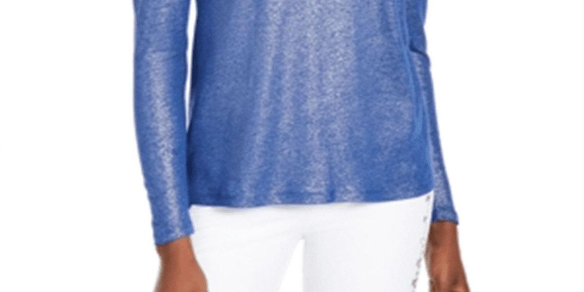 Womens Blue Ruffled Metallic Long Sleeve Jewel Neck Top Size: L