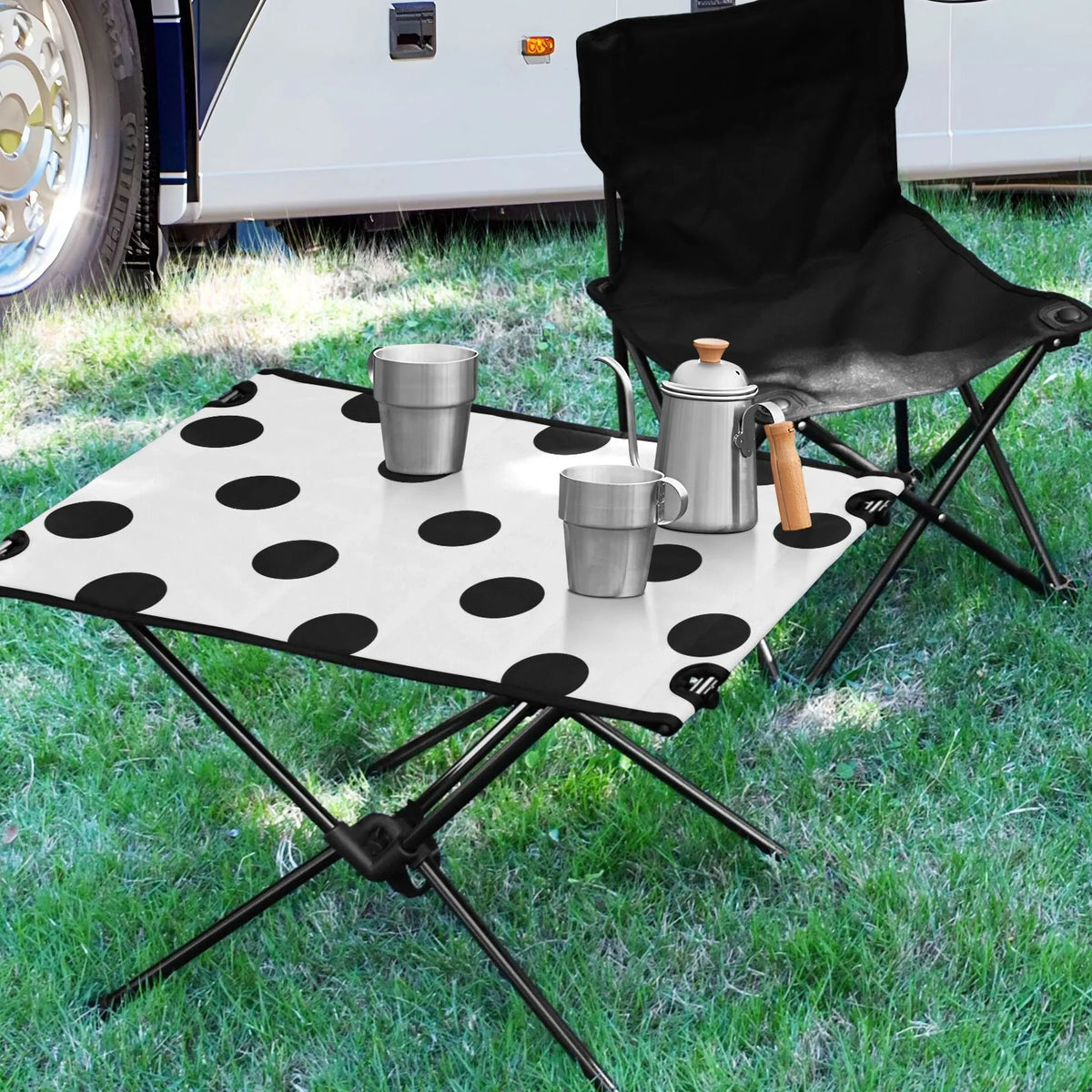 Black Polka Dots Camping Foldable Portable Table Beach Table with Storage Bag Compact Picnic Table for Outdoor Hiking Fishing
