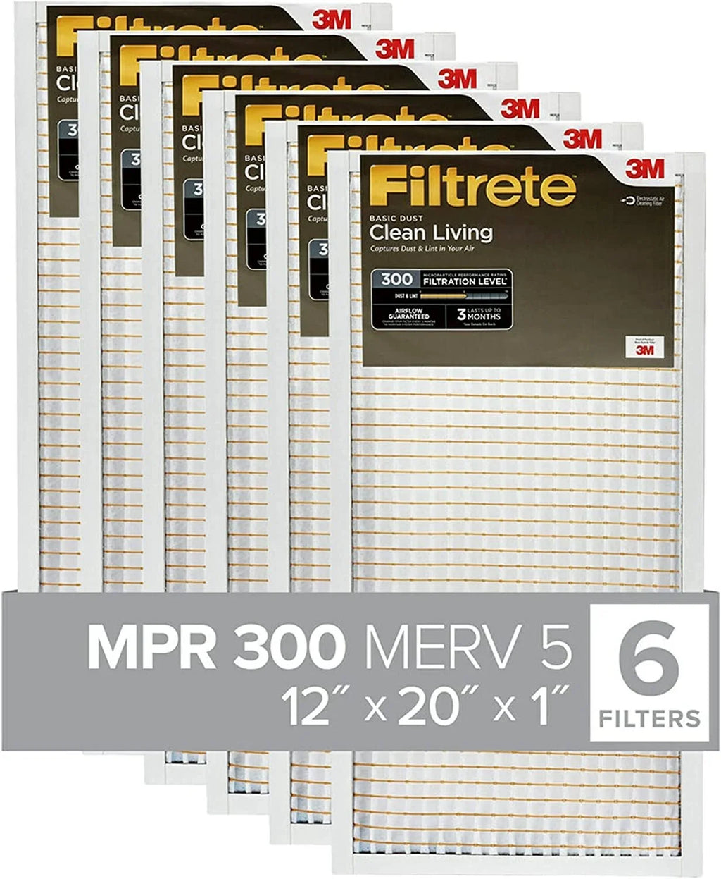 Filtrete 12x20x1 Air Filter,  300,  5, Clean Living Basic Dust 3-Month Pleated 1-Inch Air Filters, 6 Filters