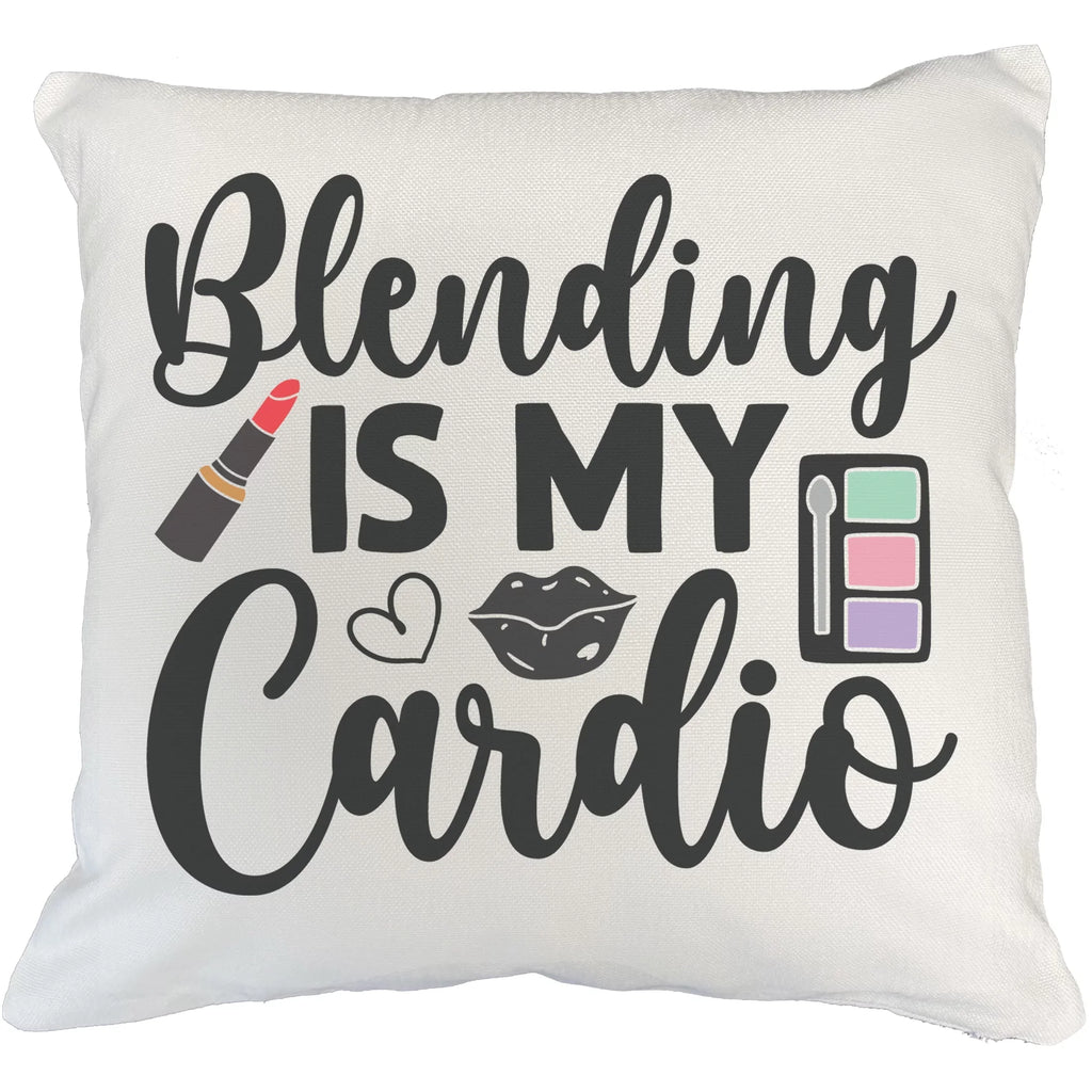 Blending Is My Cardio w/ Eyeshadow Palette, Lips & Red Lipstick Design - Beauty Themed Merch for Makeup Artist or Cosmetologist, Gift for Makeup Lovers, Pillow Cover, White 18X18