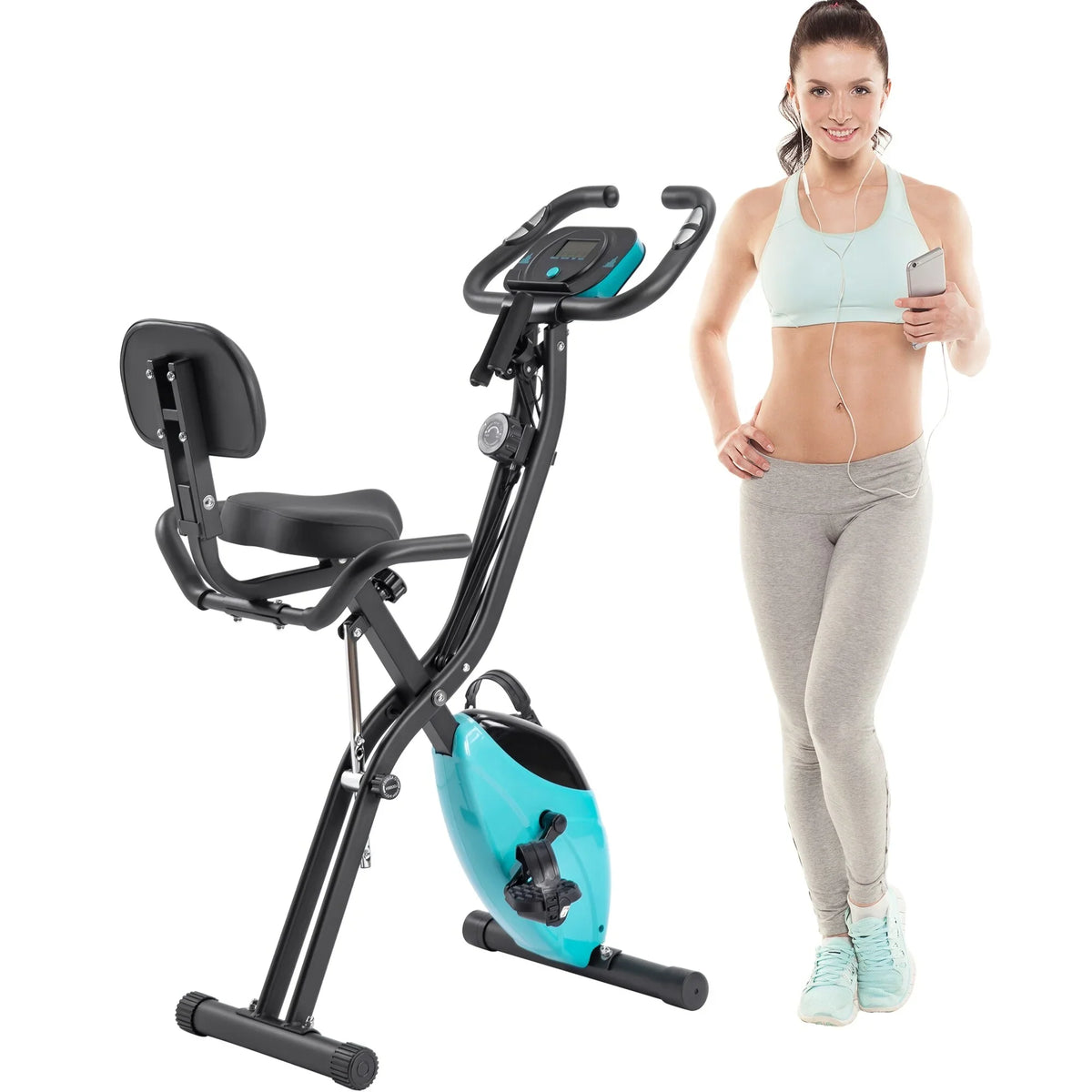 Folding Fitness X-Bike with 10-Level Adjustable Resistance, Arm Bands Black