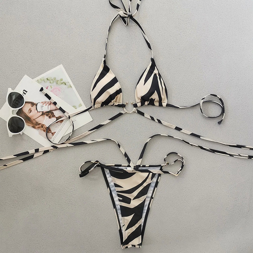 Swimsuits for Women Sexy Panda Two Color Striped Lace Up Split Bikini Swimsuit