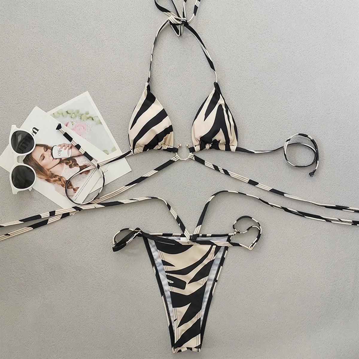 Swimsuits for Women Sexy Panda Two Color Striped Lace Up Split Bikini Swimsuit