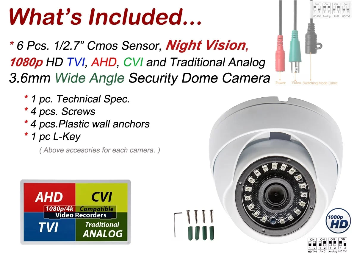 Evertech 1080p Dome Security Cameras Weatherproof Indoor / Outdoor with Night Vision and 3.6mm Fixed Lens (Pack of 6)