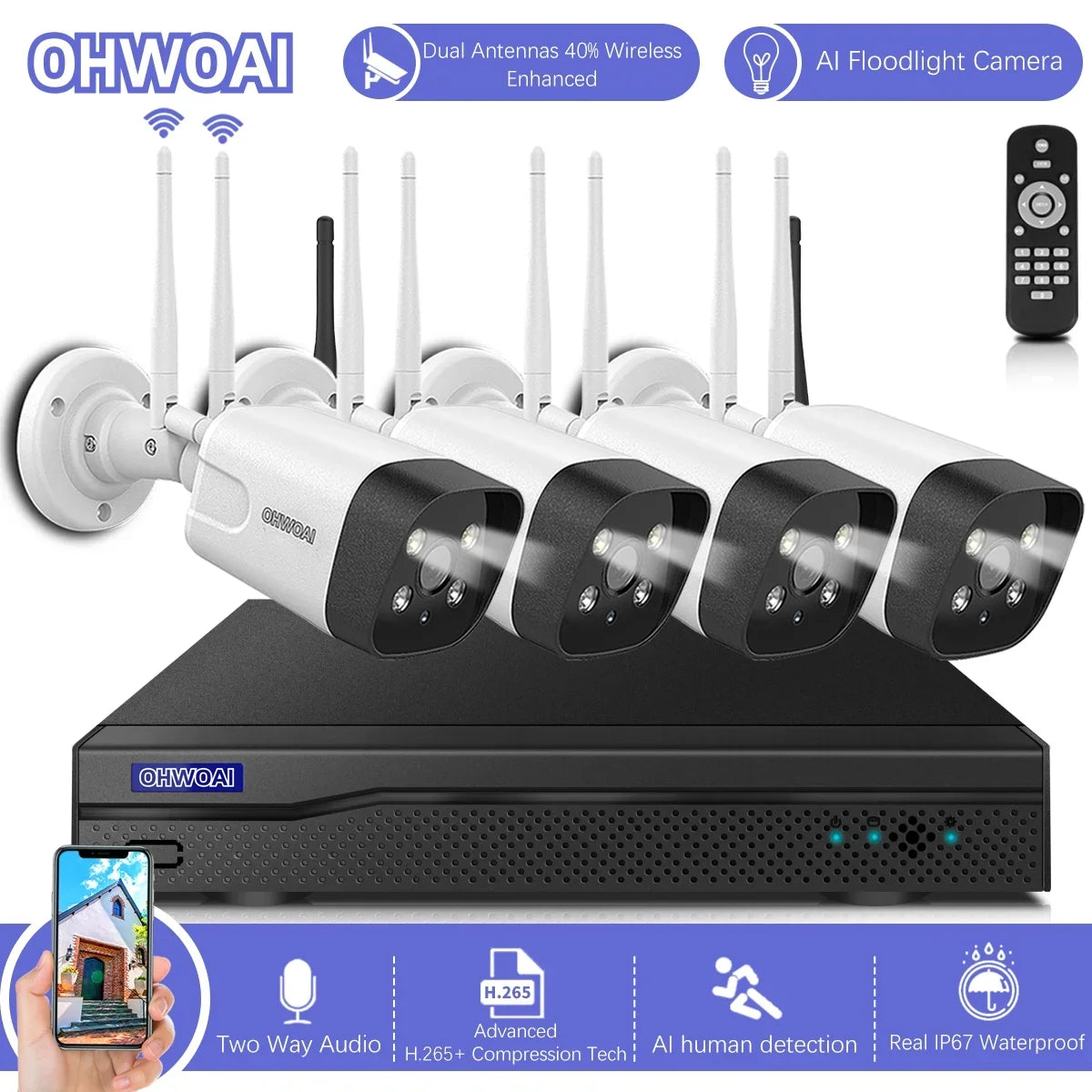 {4pcs 3.0MP Dual Antennas Floodlight}, Two-way audio Home Surveillance Wireless Security Camera System,  8CH  No , IP66 waterproof,  Human Detection