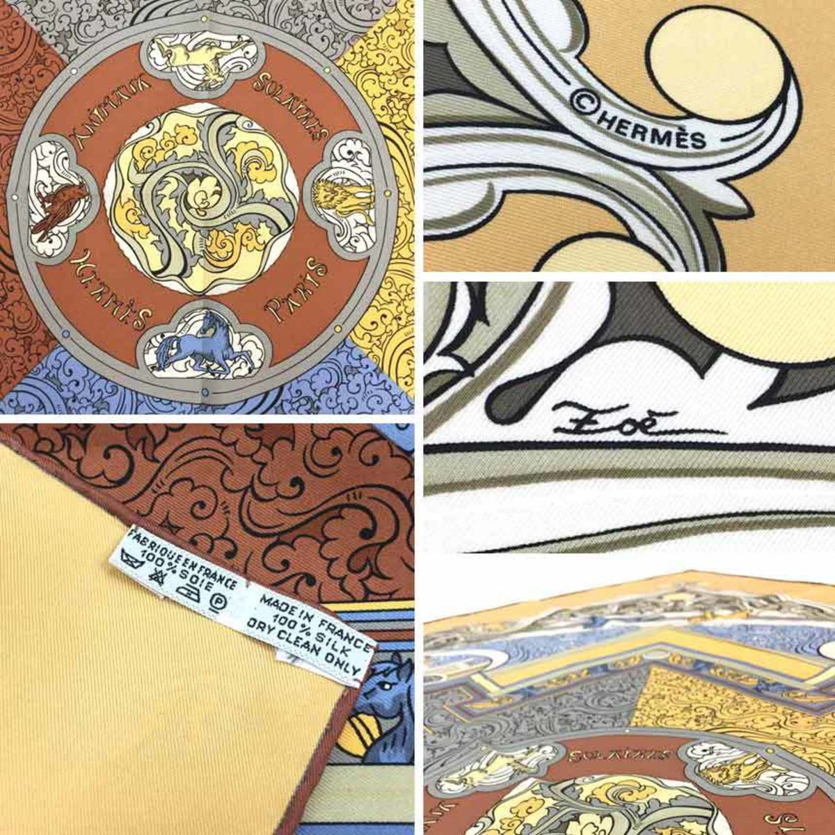 Pre-Owned  Hermes Scarf Muffler Kare90   Animals of the Sun Cream Yellow 100% Silk (Like New)