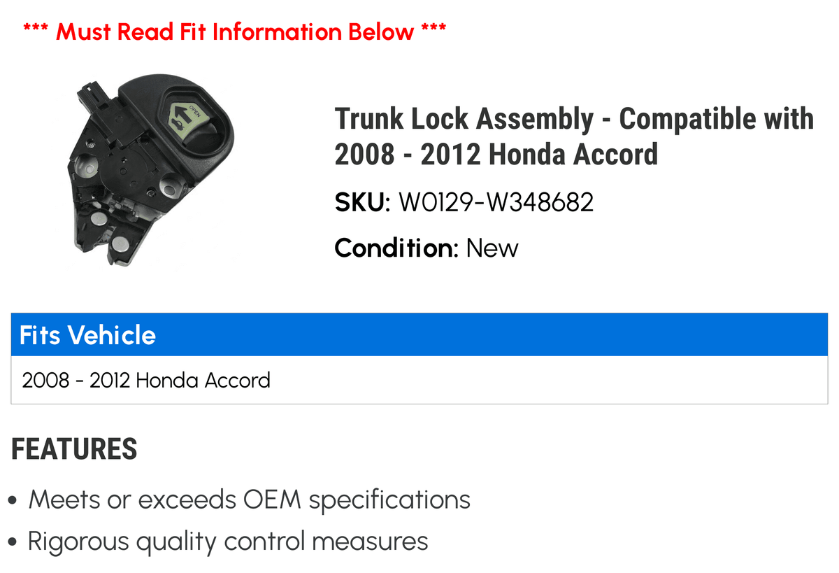 Trunk Lock Assembly - Compatible with 2008 - 2012 Honda Accord 2009 2010 2011