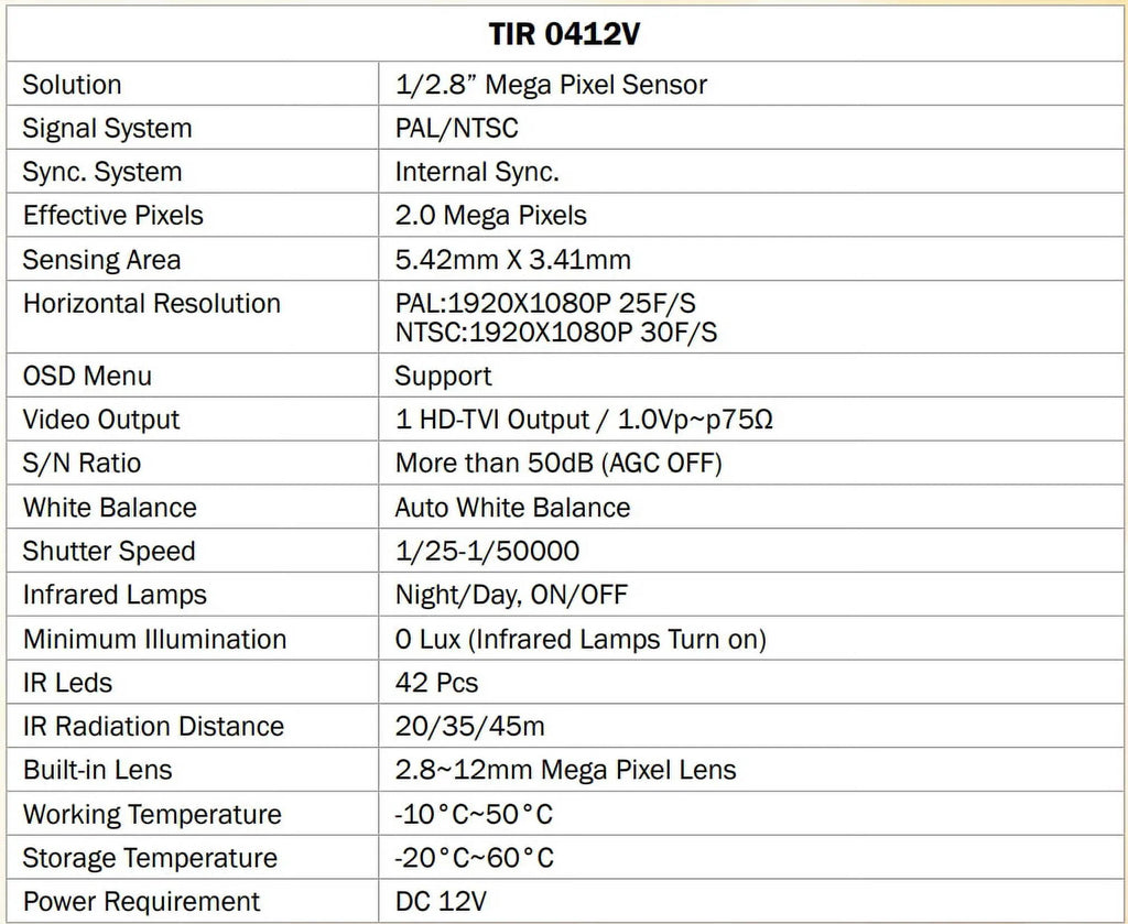 Eyemax -0412V-W - 2MP Outdoor Bullet Camera, 2.8-12mm, 42   12V