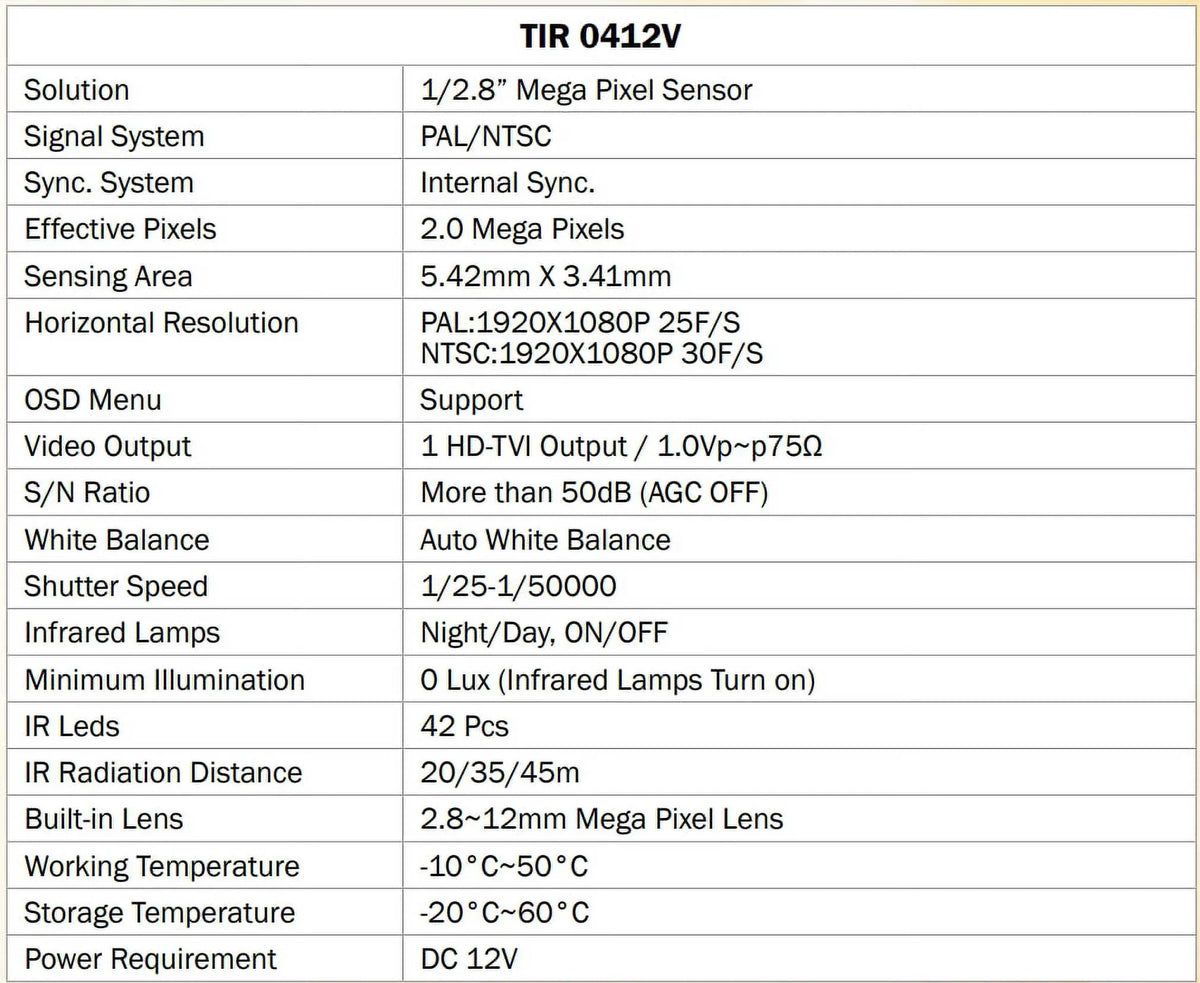 Eyemax -0412V-W - 2MP Outdoor Bullet Camera, 2.8-12mm, 42   12V