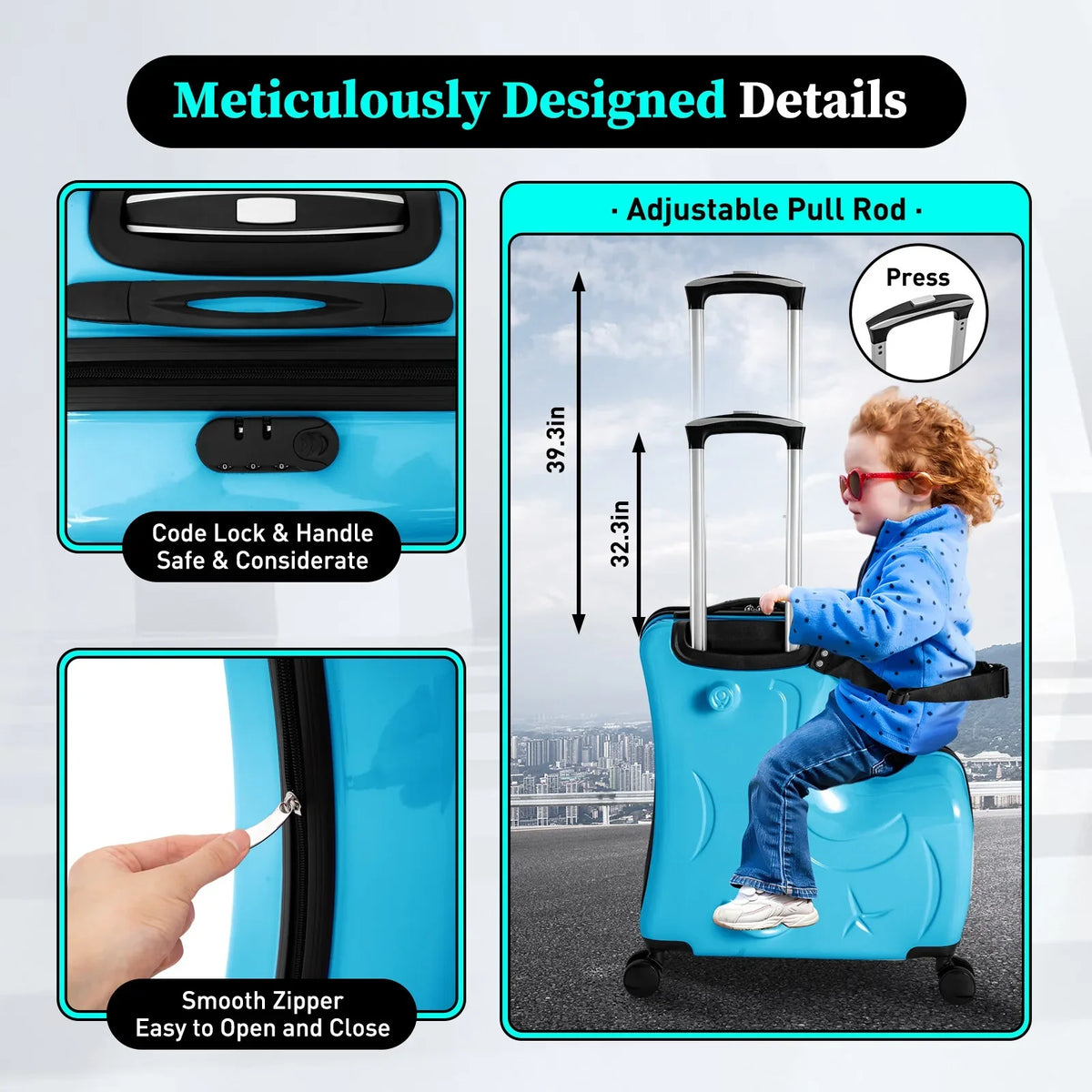 20" Kids Ride On Suitcase, Portable Spinner Wheels Trolley Luggage Blue Horse Shape Kids Travel Suitcase