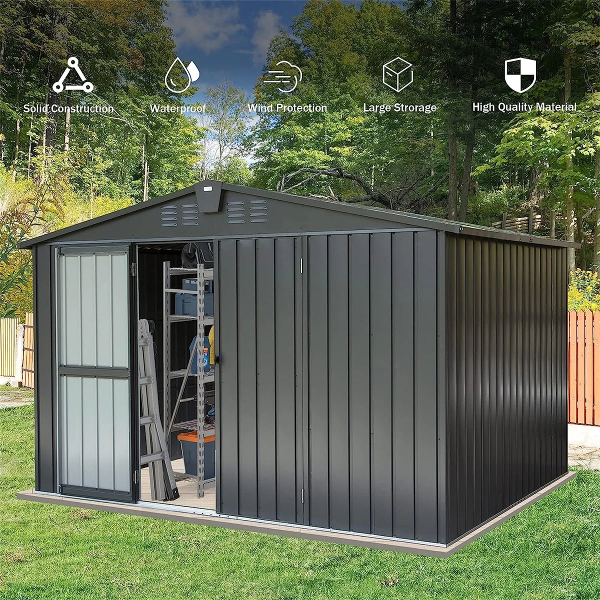CoSoTower Outdoor Storage Shed 10'X 8', Metal Garden Shed for Bike, Trash Can, Tools, Galvanized Steel Outdoor Storage Cabinet with Lockable Door for Backyard, Patio, Lawn (10X8ft, Black)