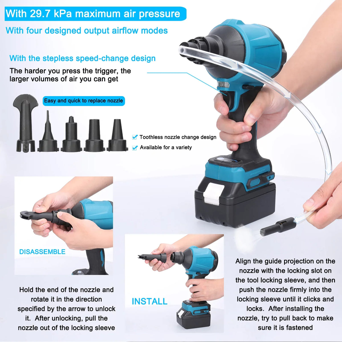 Electric Cordless Dust Blower, Rechargeable Air Dust Machine Stepless Speed Change,  Working Light
