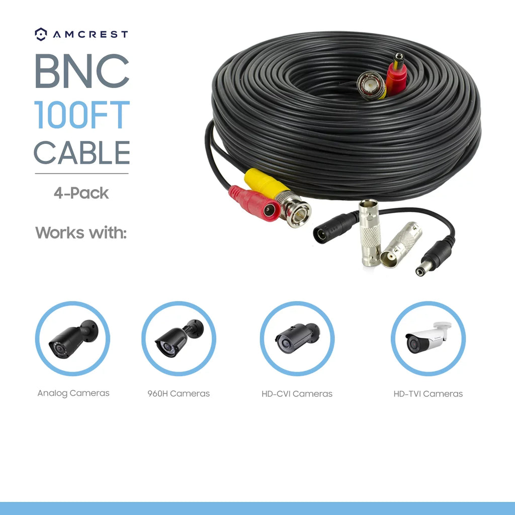Amcrest 4-Pack 100 Feet Pre-Made All-in-One Siamese  Video and Power  Security Camera Cable with Two Female Connectors for 960H & - Camera and  (SCABLEHD100B-4pack)