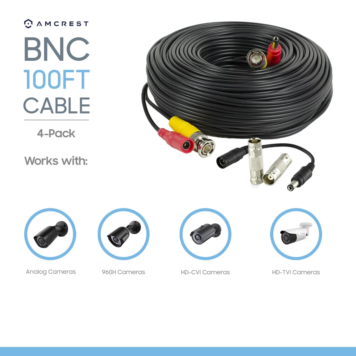 Amcrest 4-Pack 100 Feet Pre-Made All-in-One Siamese  Video and Power  Security Camera Cable with Two Female Connectors for 960H & - Camera and  (SCABLEHD100B-4pack)