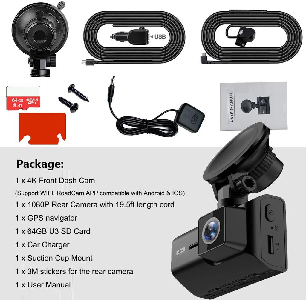4K Front and Rear Dash Cam for Cars, Dual Dash Cam with  Card, 2 Inch Dash Camera with  , Night Vision, Loop Recording, Parking Mode, Wide Angle, 64GB  Card Included