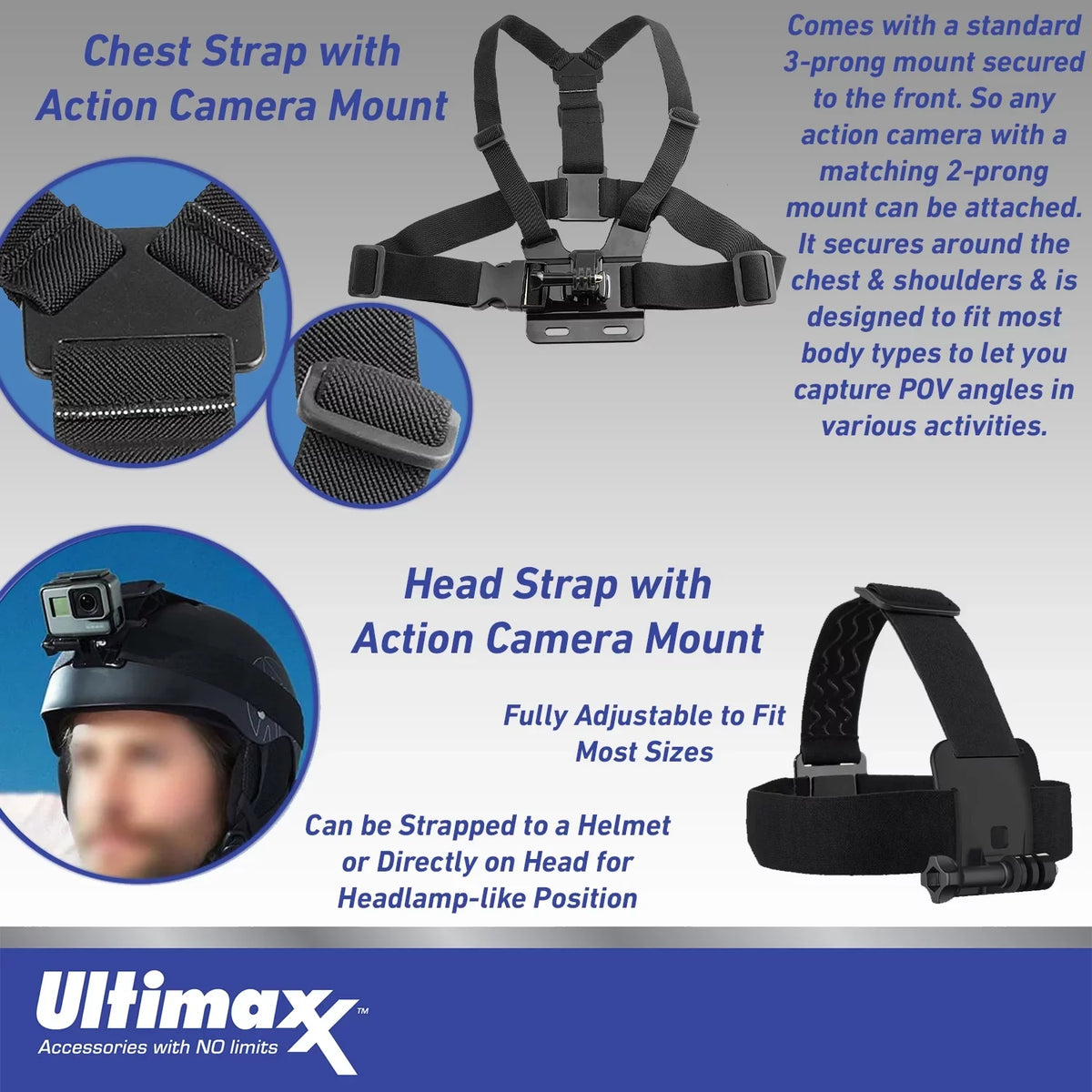 Ultimaxx Essential Accessory Kit for Action Cameras - Includes: Chest Mount, Head Mount, Selfie-Stick & More for Most Action Cameras