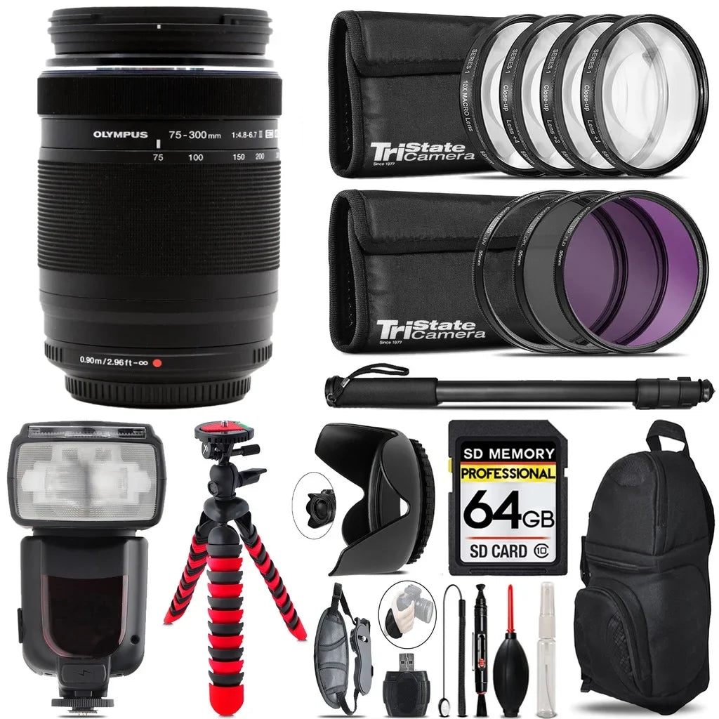 Olympus M.Zuiko Digital  75-300mm f/4.8-6.7  Lens+ 7 Piece Filter & More - 64GB Accessory Kit