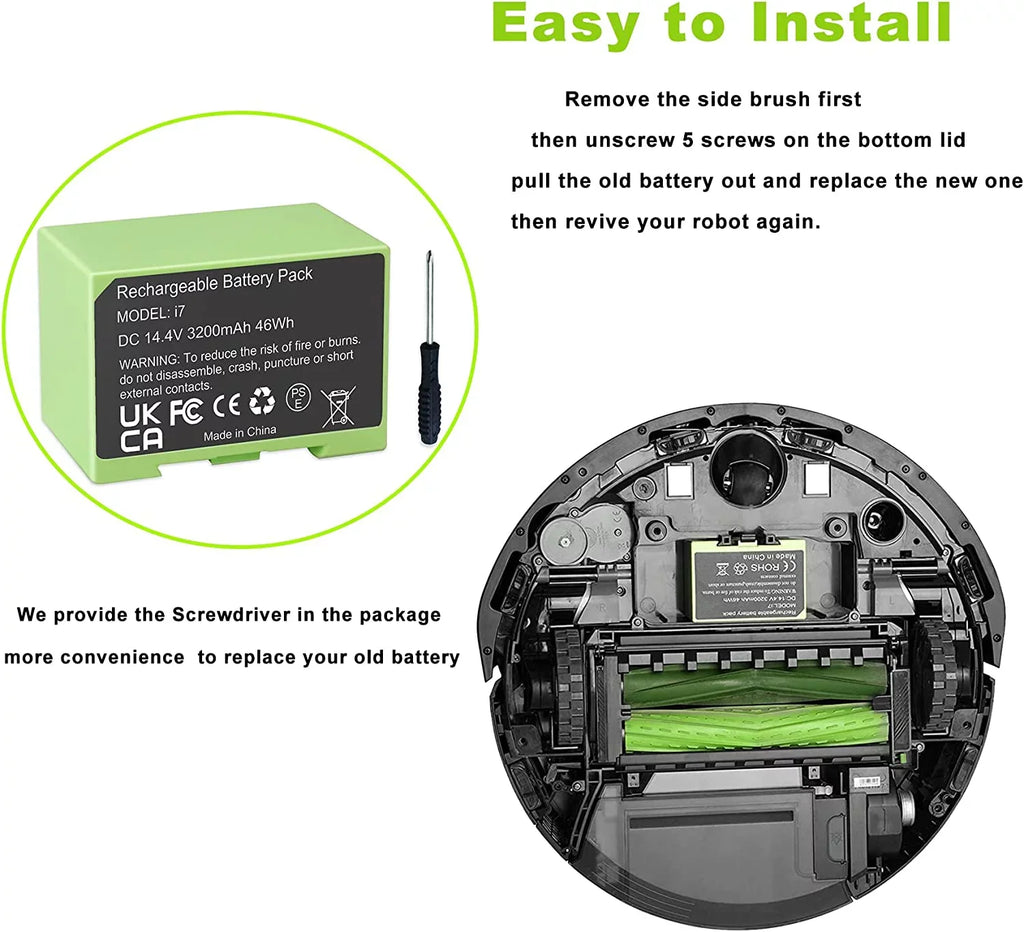 3200mAh i7 Lithium ion Replacement Battery for Irobot Roomba i7 7150 i7+ 7550 e5 e5152 e5154 i4 4150 i4+ i3 3150 i3+ 3550 -D1 4624864