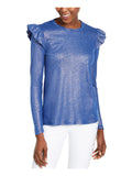 Womens Blue Ruffled Metallic Long Sleeve Jewel Neck Top Size: L