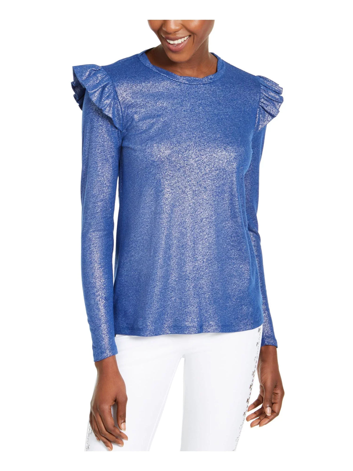 Womens Blue Ruffled Metallic Long Sleeve Jewel Neck Top Size: L