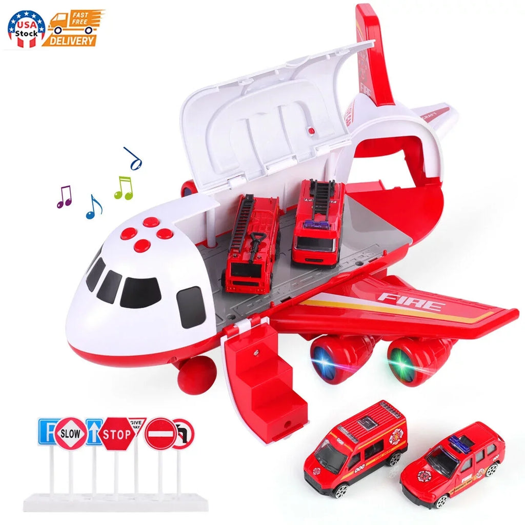 Airplane Toy Fire Truck Playset with Music and Lights, Transformable Airplane Storage Cart, 3-6 Years Old Boys and Girls Birthday Christmas Gift (Red)