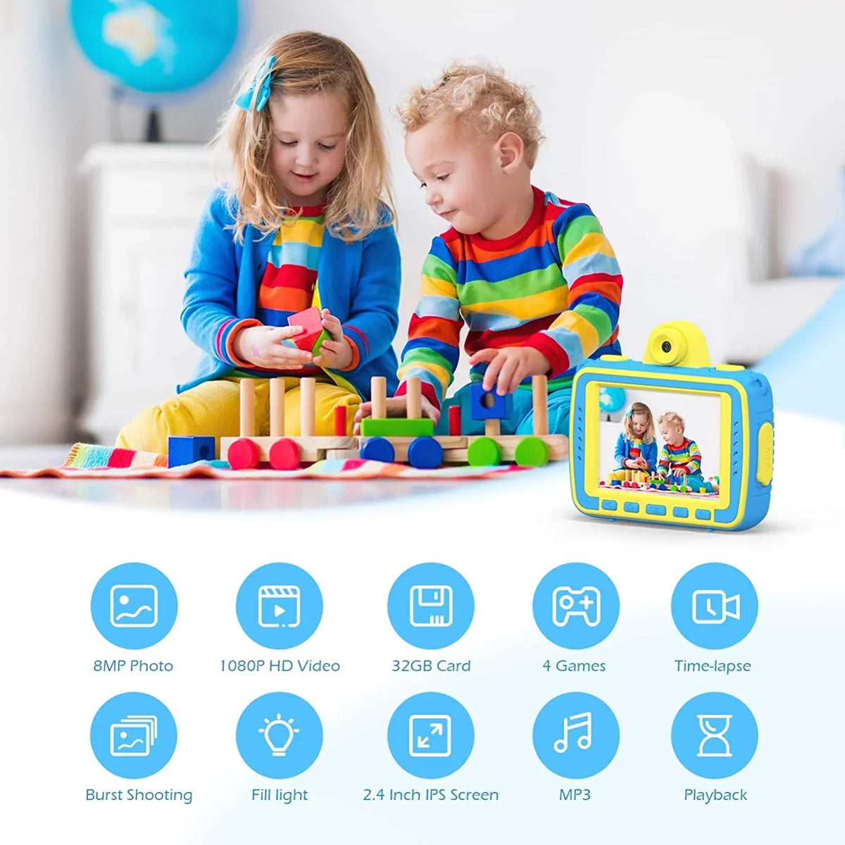 VanTop Junior K8 Kids Camera with 32GB Memory Card, Selfie 1080P Supported Waterproof Video Camera / 8MP 2.4 inch Large Screen, Fill Light, Face Recognition, 4 Games, Extra Kid-Proof Silicon Case Blue