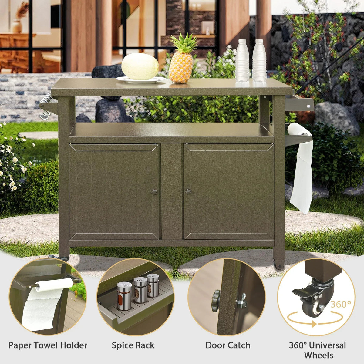 Homiyad Grill Carts Outdoor Storage Cabinet with Wheels, Metal Outdoor Grill Table Kitchen Dining Table Cooking Prep  Table for Patio, Kitchen Island, Home Party, Bar (Brown)