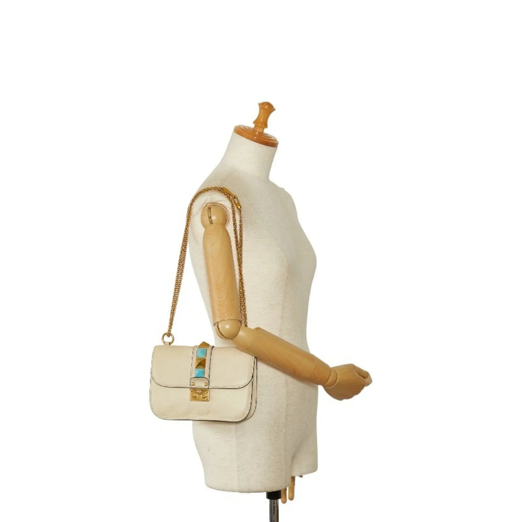 Pre-Owned Valentino Studded Chain Shoulder Bag Ivory Leather Women's  (Good)