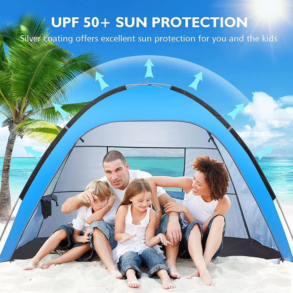 Beach Tent for 3-4 Person,  50+ Assemble 7.4' x 4.7' Beach Tent, Blue