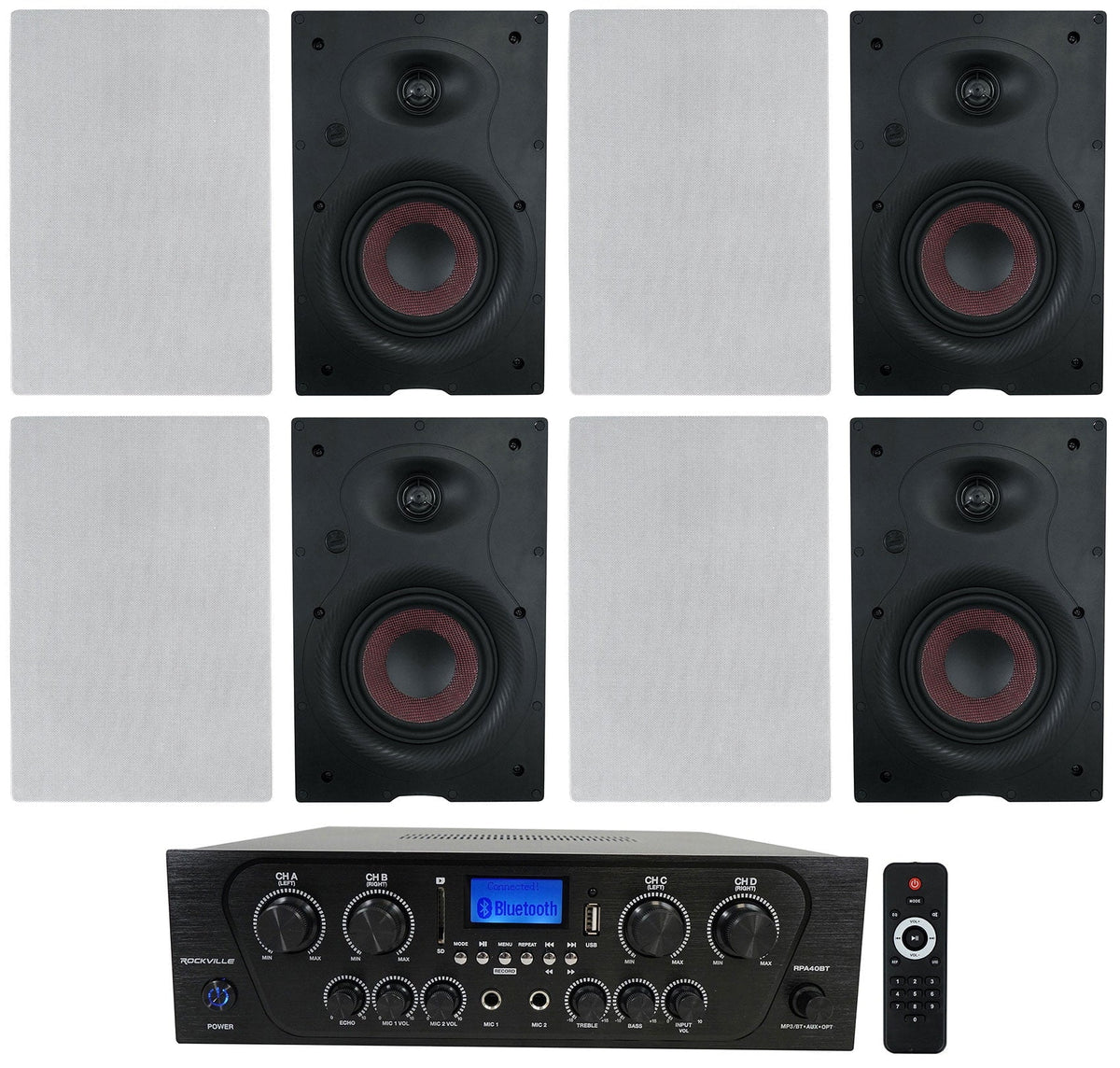 Rockville RPA40BT 4-Room/Zone Home Audio Kit w/Receiver+(8) In-Wall Speakers