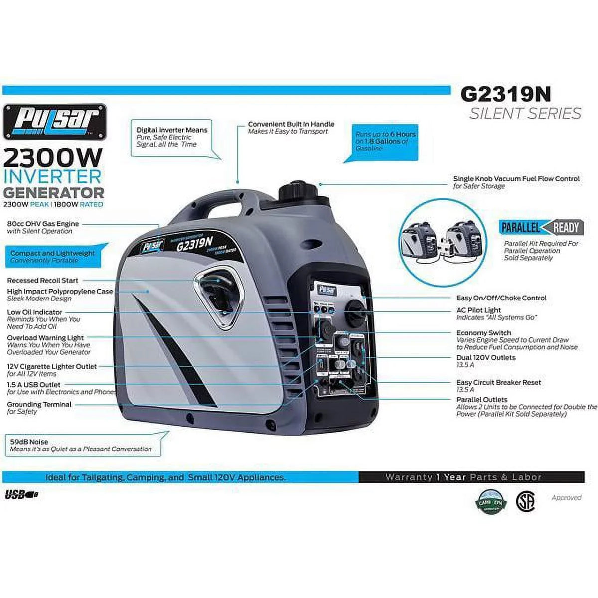 Pulsar 2300 Peak Watt Digital Inverter Generator With 80cc  Engine G2319N