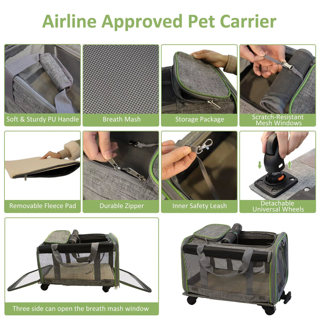 Pet Carrier with Wheels for Dogs and Cats, Airline Approved Pet Carrier for Cat & Dog, Cat Carrier with Wheel Removable Base, Telescopic Handle, Soft-Sided Mesh and Safety Strap