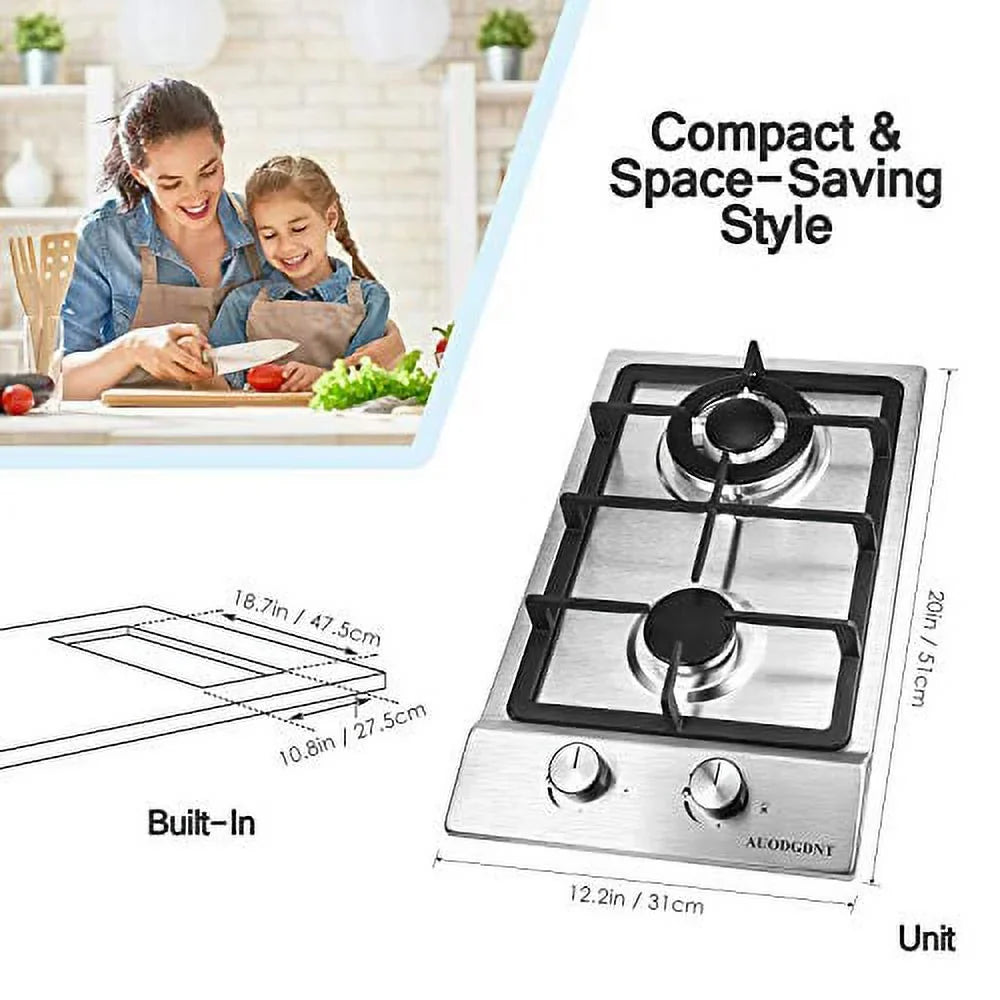 Gas Stove Gas Cooktop 2 Burners,12 Inches Portable Stainless Steel Built-in Gas Hob / Dual Fuel Easy to Clean for RVs, Apartments, Outdoor