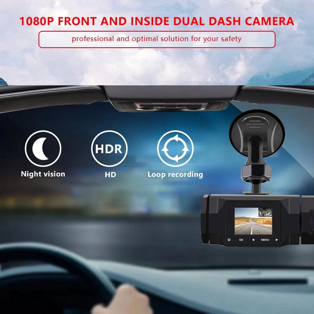 Dual Dash Cam 1080P Front and Cabin Car Dashboard Camera with  Night Vision, 2 Channel Driving Recorder Motion Detection, Parking Monitoring, Accident Locked, Loop Recording, 1.5in