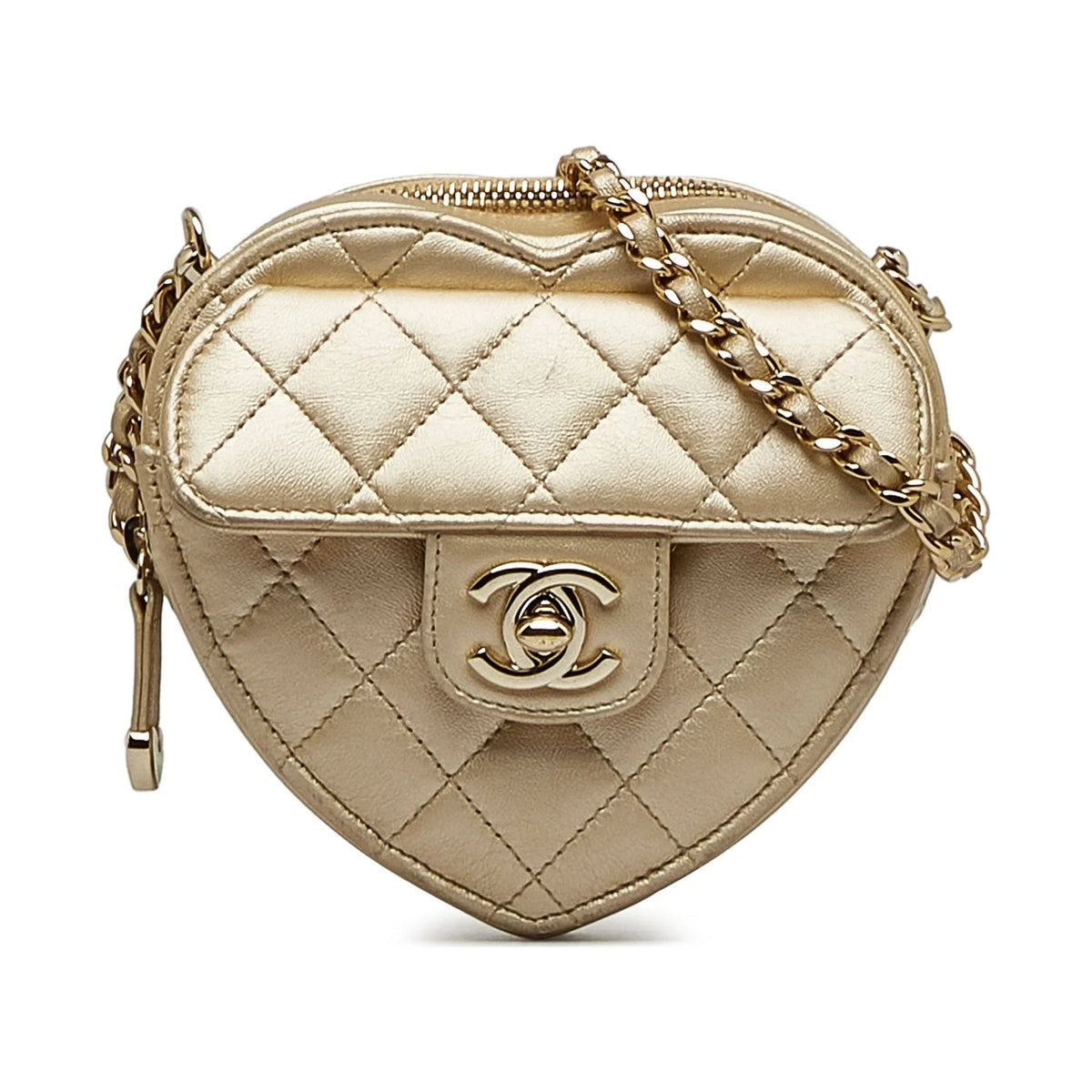 Pre-Owned Authenticated Chanel Mini  in Love Heart Crossbody Lambskin Leather Gold Crossbody Bag Unisex (Good)