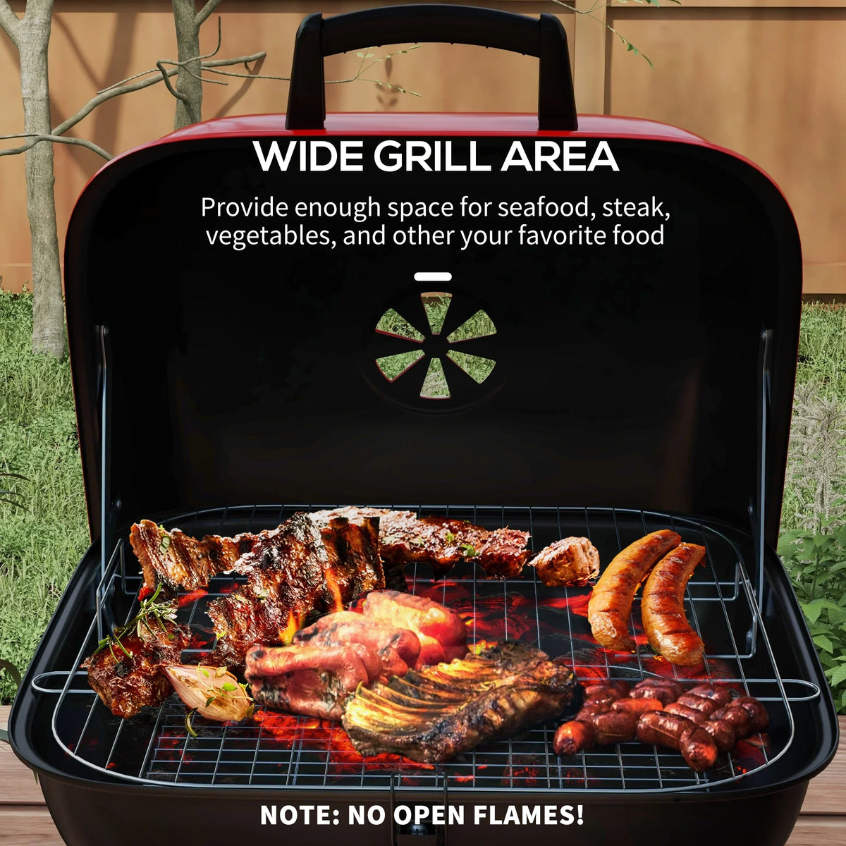 Outsunny Portable Charcoal Grill with Wheels Bottom Shelf for Picnic, Red