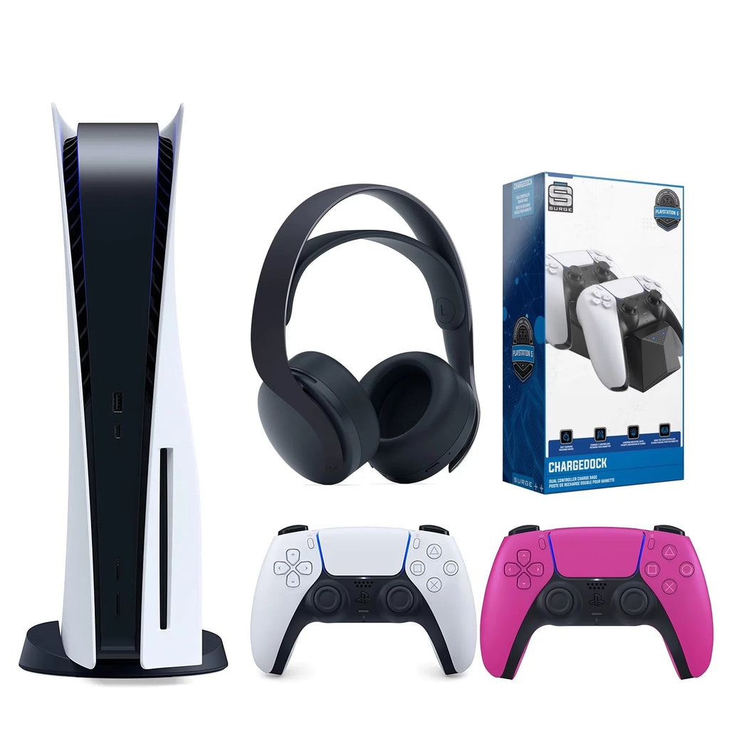 Sony Playstation 5 Disc Version (Sony PS5 Disc) with Extra Nova Pink Controller, Black  3D Headset and Dual Charging Station Bundle