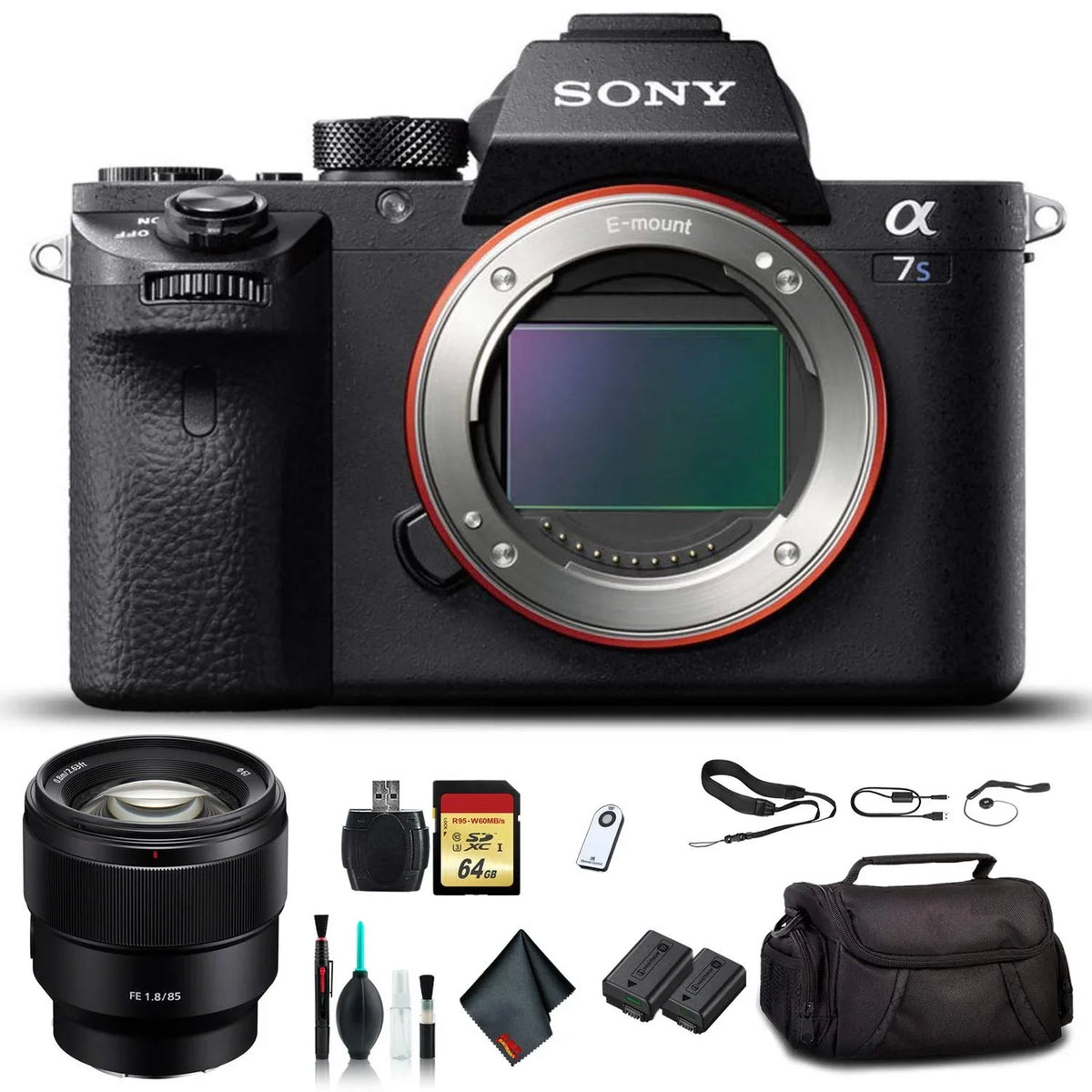 Sony Alpha a7S  Mirrorless Camera ILCE7SM2/B With Sony  24-70mm Lens, Soft Bag, Additional Battery, 64GB Memory Card, Card Reader , Plus Essential Accessories
