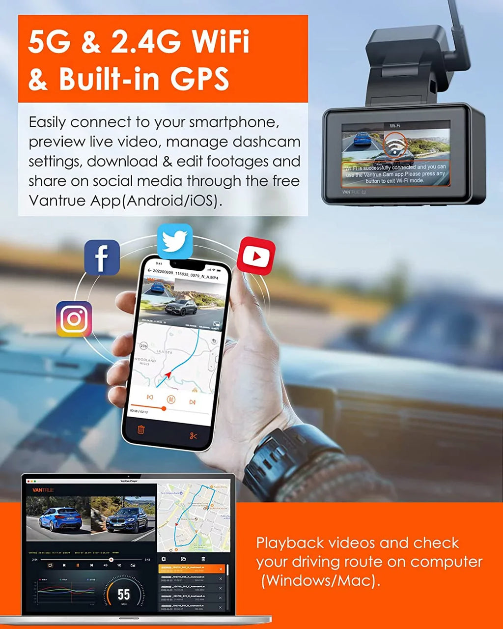Vantrue E2 Dual 2.5K Front and Rear Dash Cam with 5G WiFi,  & Voice Control, 1944P+1944P Car Camera, 24hrs Buffered Parking Mode, Enhanced Night Vision, Motion Detection, Capacitor, Support 512GB