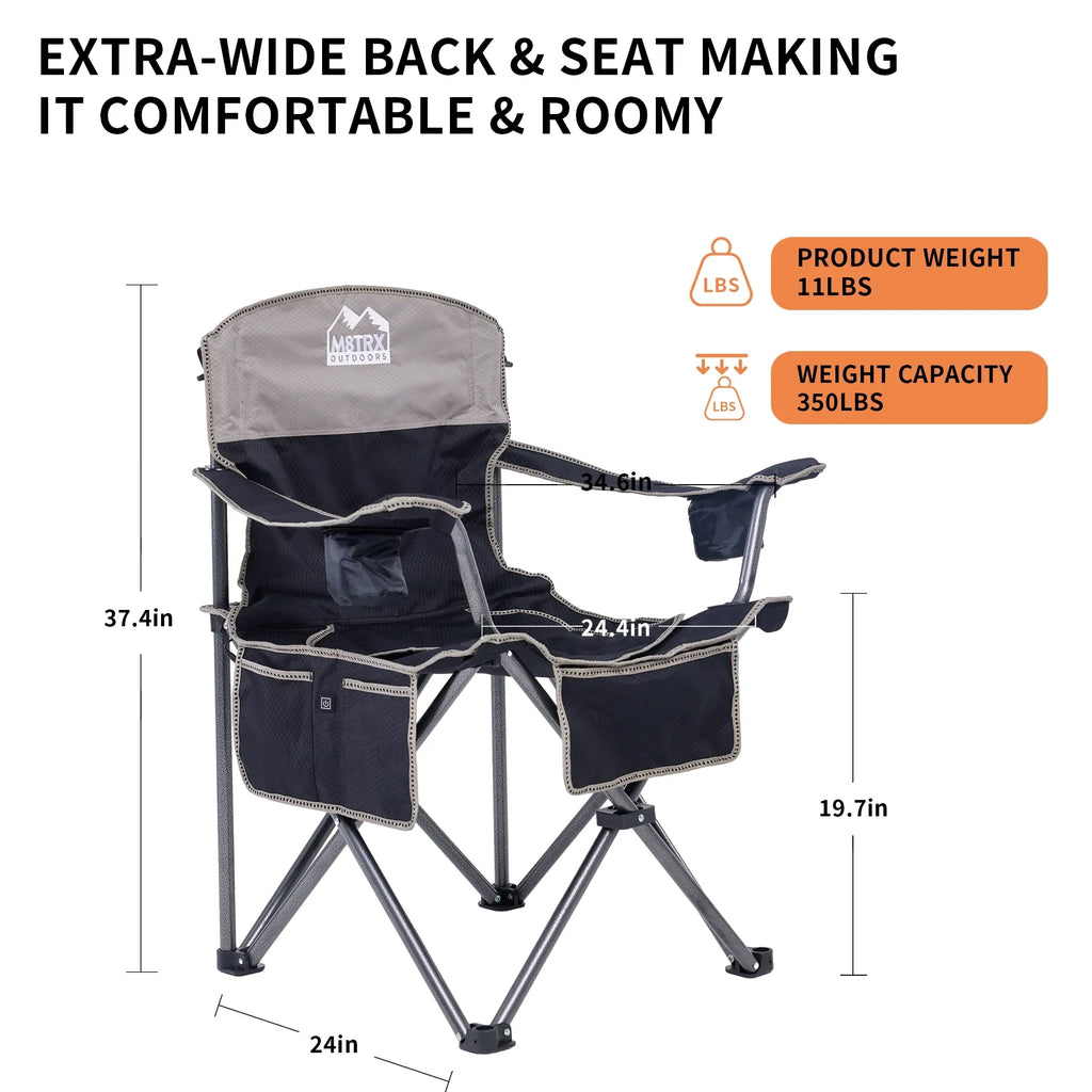 M8TRX Outdoors Heated Camping Chair, Portable Chair w/ 5000mAH Power Bank, 3 Heat Levels,  Charging Port, Black