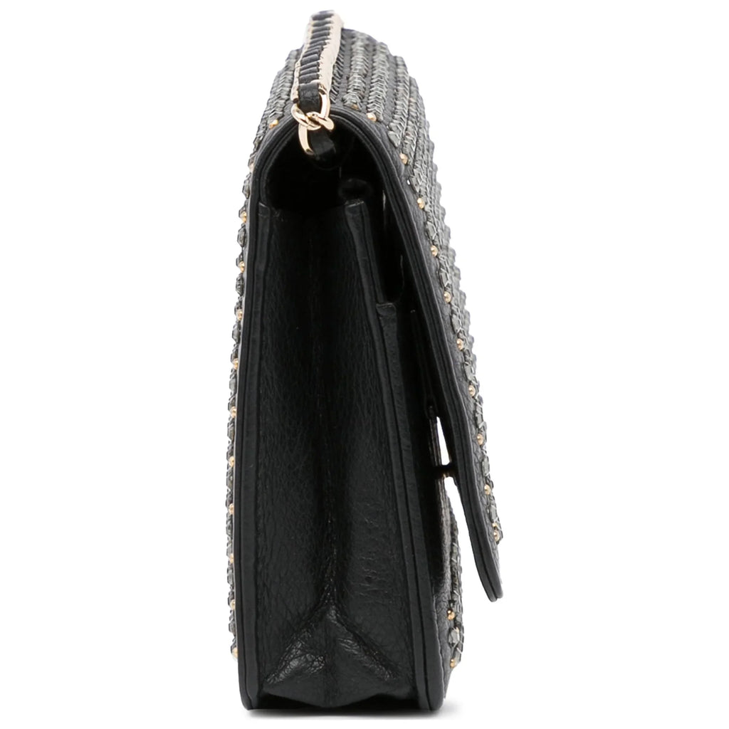 Pre-Owned Authenticated Chanel Studded Wallet on Chain Calf Leather Black Crossbody Bag Unisex (Good)